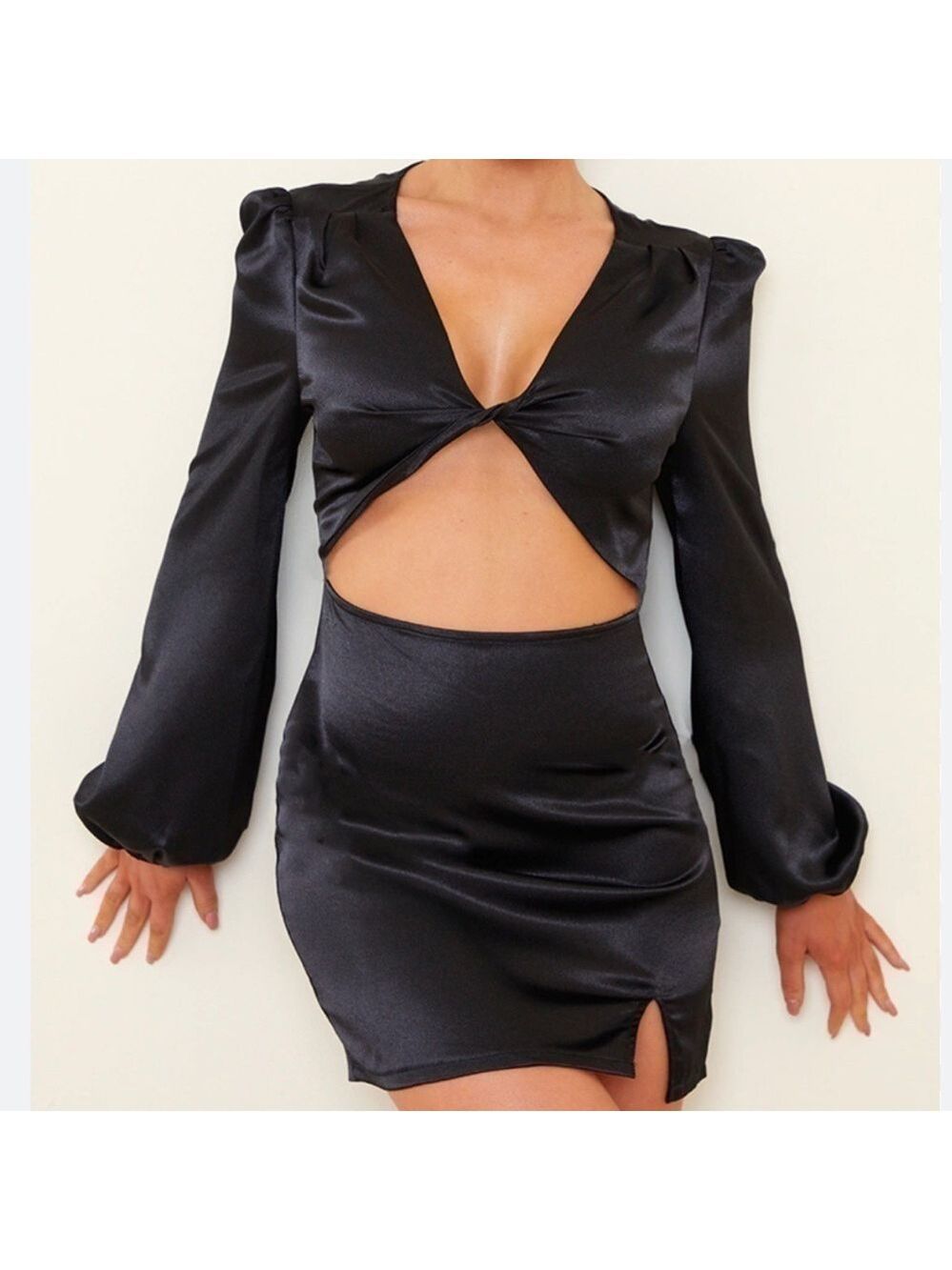 PRETTYLITTLETHING nwt black satin plunge twist front cut out bodycon dress 12